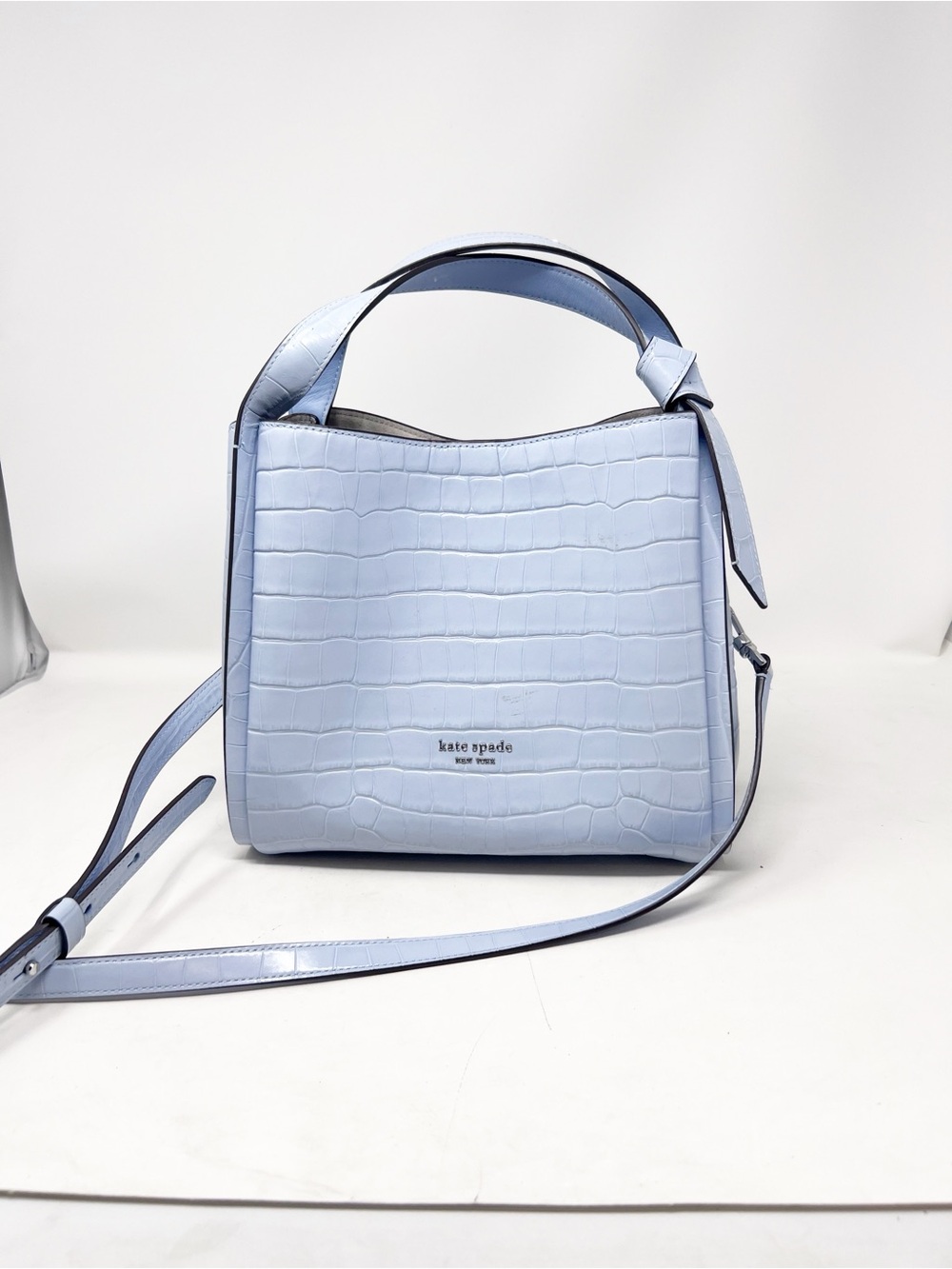KATE SPADE KNOTT CROC EMBOSSED LEATHER BLUE REMOVABLE CROSSBODY STRAP PURSE - Picture 3 of 11